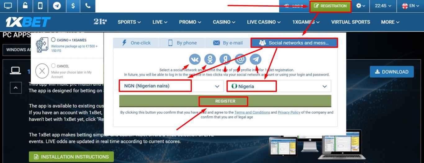 1xbet registration process